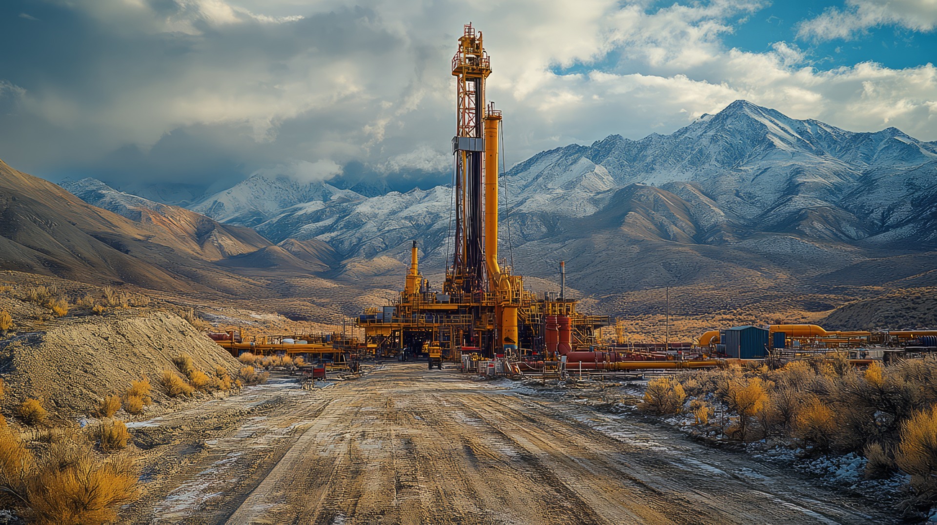 Natural gas extraction site with drilling equipment and pipelines in a remote location