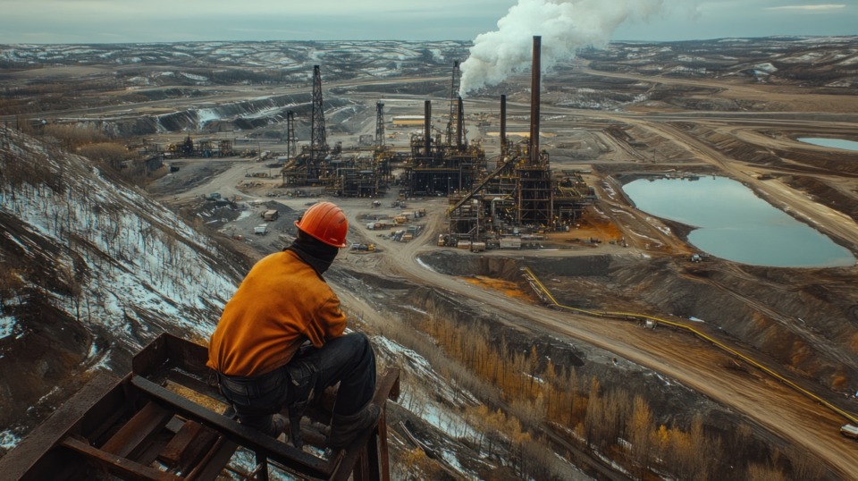 Worker surveys oil sands mining operation from a high vantage point
