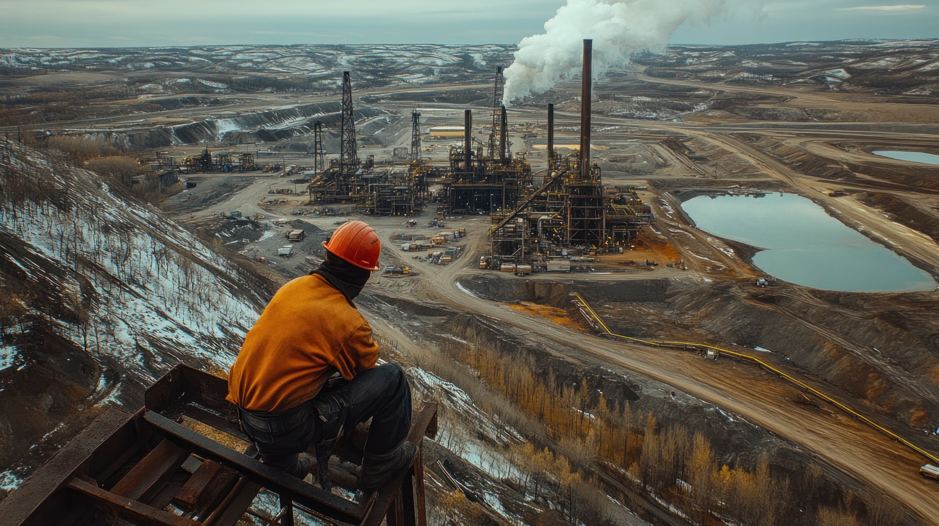 Worker surveys oil sands mining operation from a high vantage point